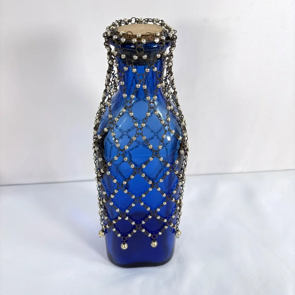 Vintage Bottle Cobalt Blue Recycled Glass Cork Decorative Chain Net Made Spain